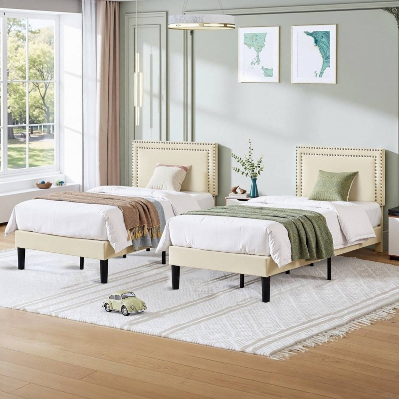 Twin Size - Set Of 2 - Dorm Style Beige Tufted Upholstered Platform Beds