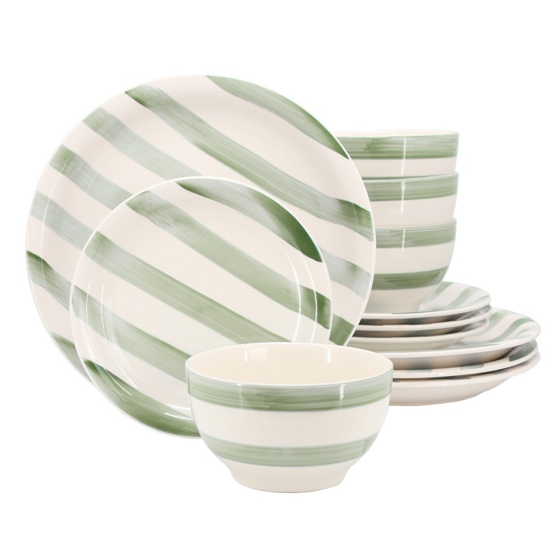 Gibson Home Kenwood Shores 12 Piece Stoneware Dinnerware Set In Green Stripe