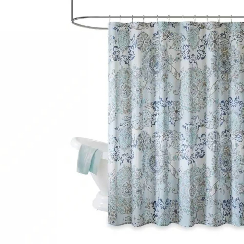 72-Inch Cotton Shower Curtain With Blue Watercolor Paisley Floral Motif