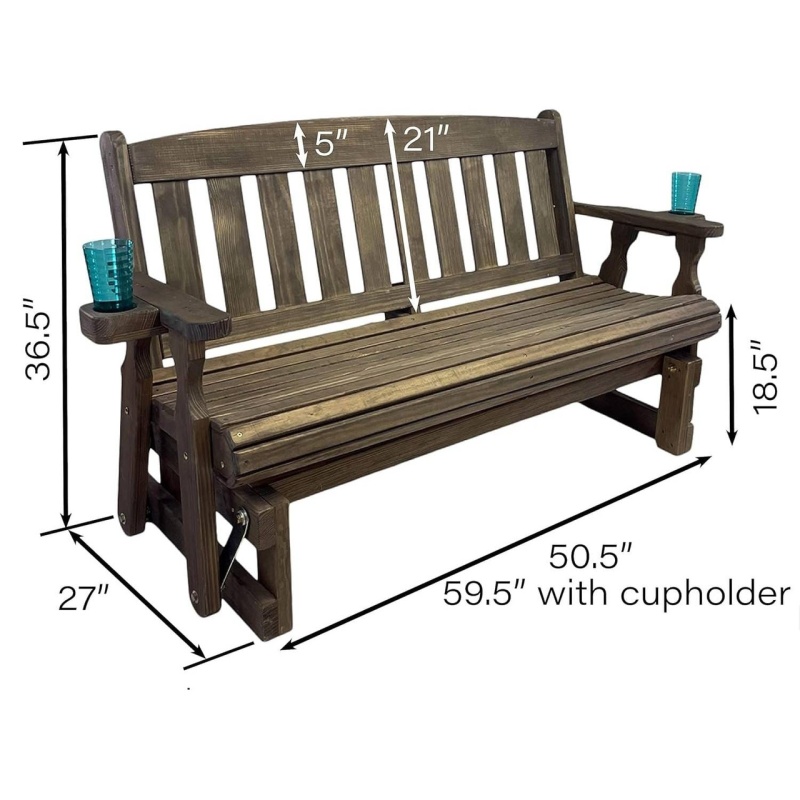 4Ft Heavy Duty Porch Glider Bench With Cupholders In Dark Walnut - Made In Usa