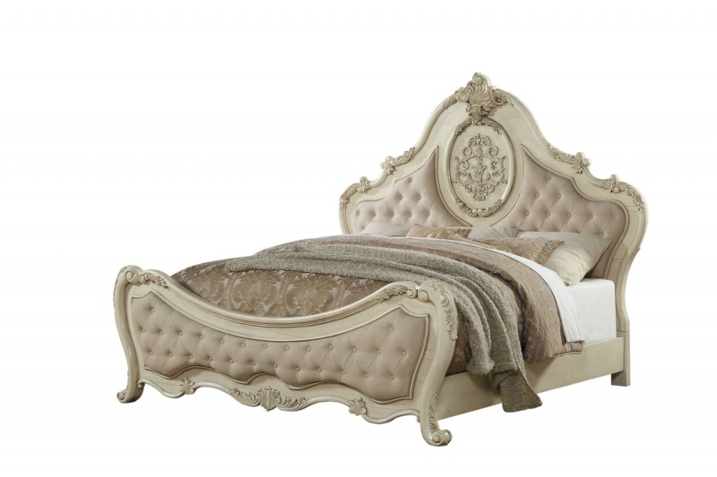 Antiqued White King Tufted Upholstered Linen Bed Frame With Nailhead Trim