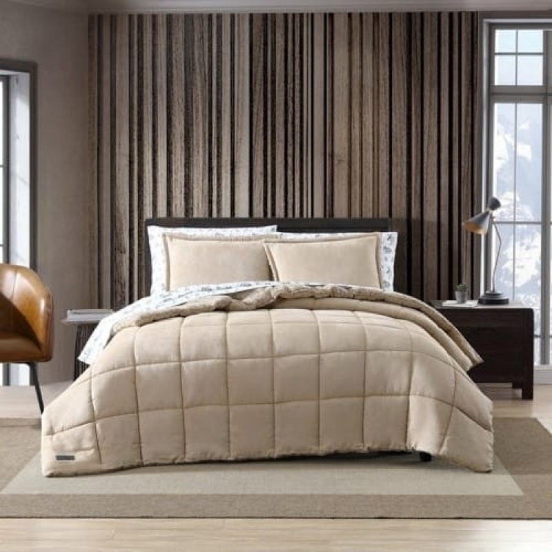 King Plush Sherpa Reversible Micro Suede Comforter Set In Beige