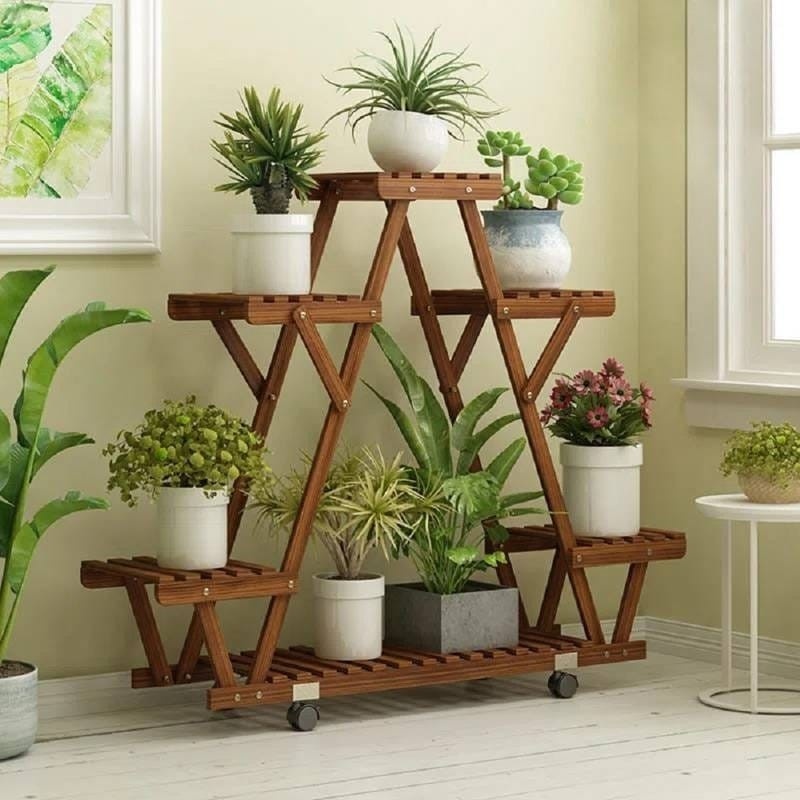 Indoor Outdoor Solid Wood Triangular Multi-Tier Plant Stand
