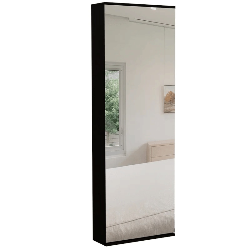 Stylish Black Wengue Wall Mounted Shoe Rack With Mirror