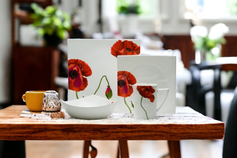 Red And White Four Piece Square Floral Bone China Dinnerware Set