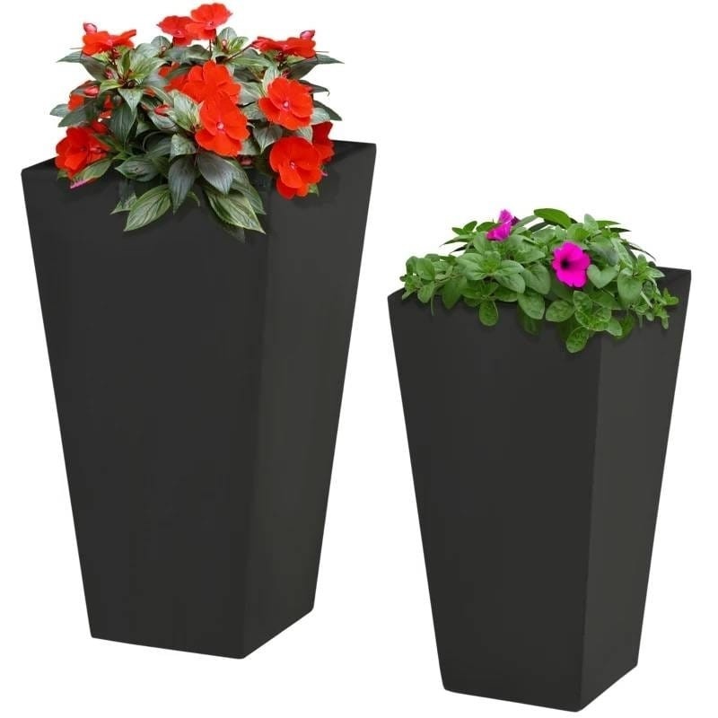 Set Of 2 Modern Lightweight Black Outdoor Patio Flower Pot Tall Planter Box