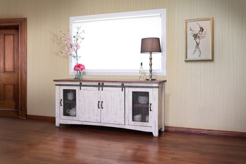 79" White Solid Wood Cabinet Enclosed Storage Distressed Tv Stand