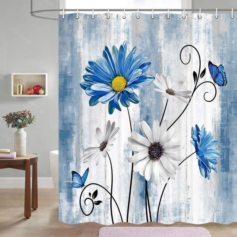 72"W X 78"H Blue Vibrant Floral Butterfly Polyester Shower Curtain