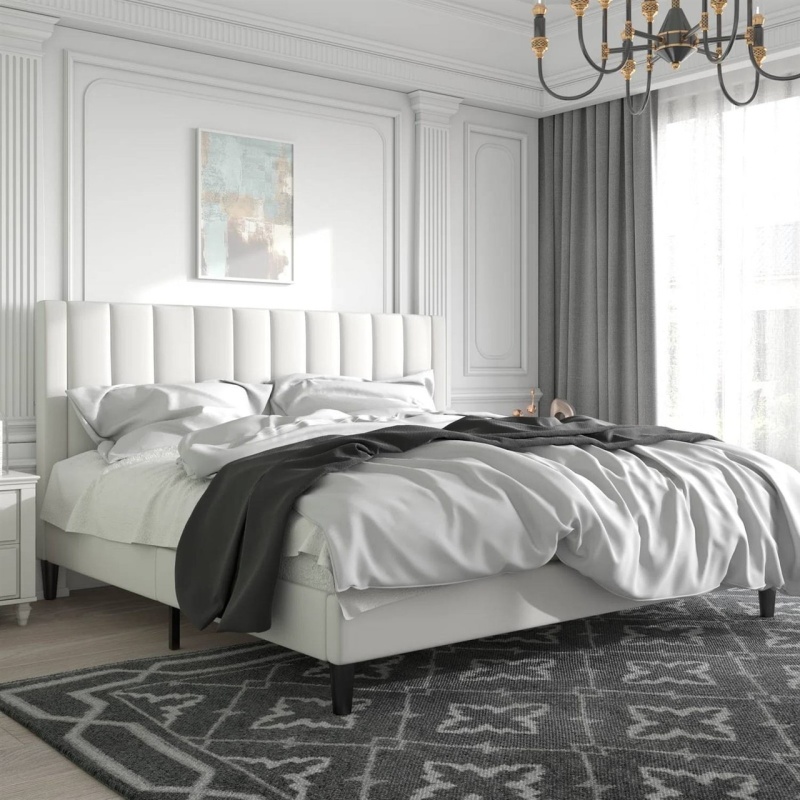 King Size White Velvet Upholstered Platform Bed Frame With Headboard