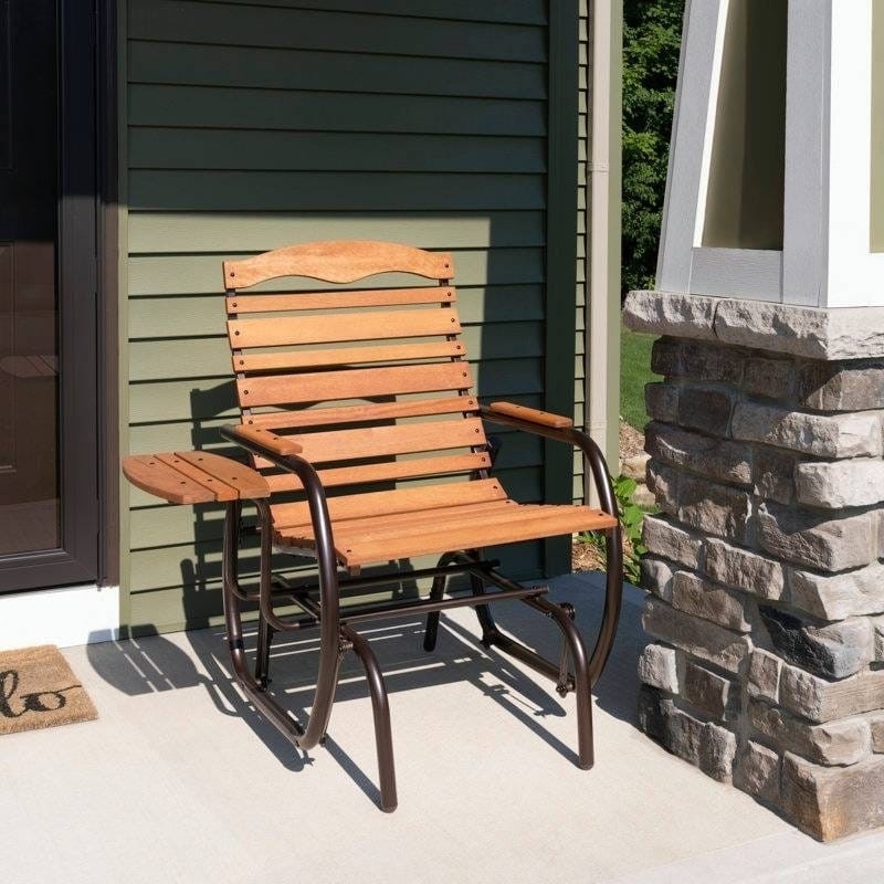 Farmhouse Steel Frame Outdoor Glider Chair With Wood Slats And Side Tray Table