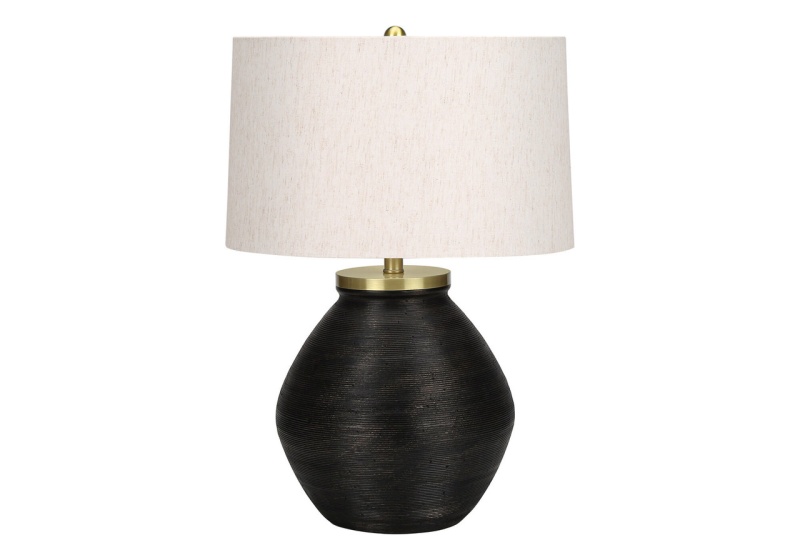 25" Black And Gold Concrete Round Table Lamp With Ivory Drum Shade
