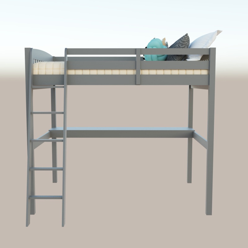 Gray Solid Wood Full Double Size Loft Bed With Desk And Storage