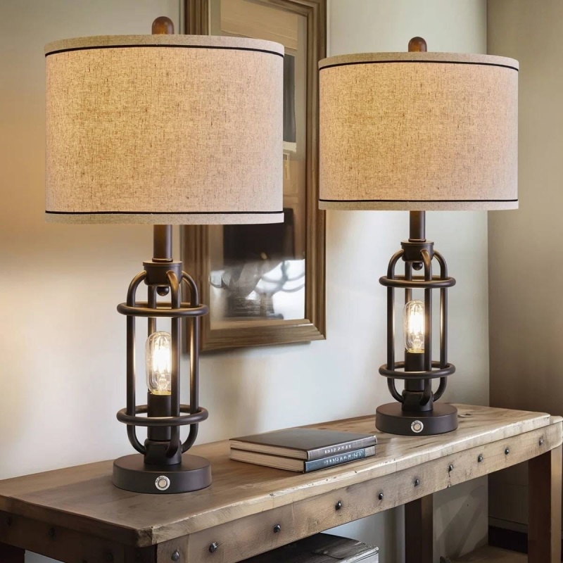 Set Of 2 - Farmhouse Dimmable Touch Usb Table Lamp With Beige Linen Drum Shade