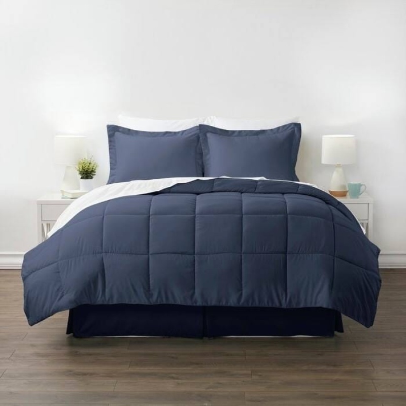 Queen Navy Microfiber Baffle-Box 6-Piece Comforter Set