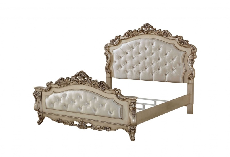 Antiqued White Queen Tufted Upholstered Silk Bed Frame