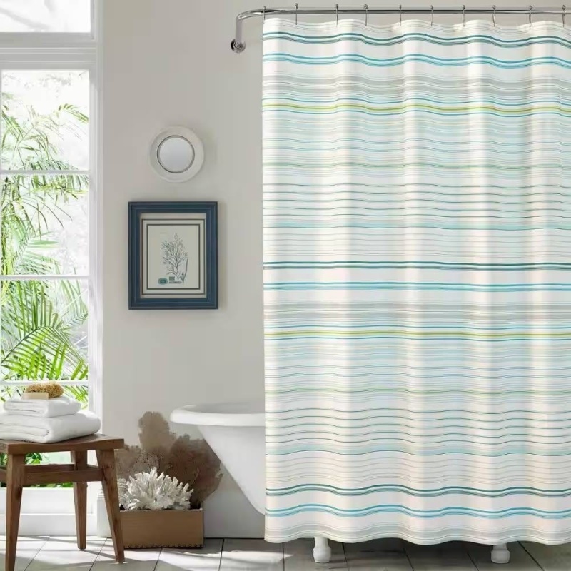 72-Inch Sea Breeze Blue Green White Cabana Stripe Cotton Shower Curtain
