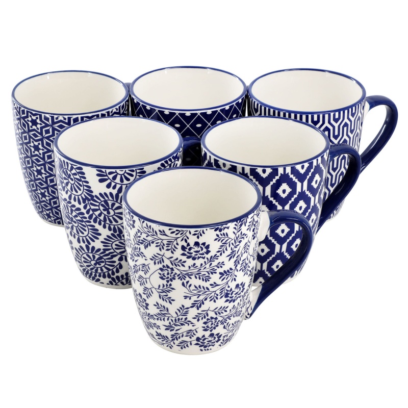 Elama Declan 6 Piece 12 Ounce Assorted Design Stoneware Mug Set In Blue And White