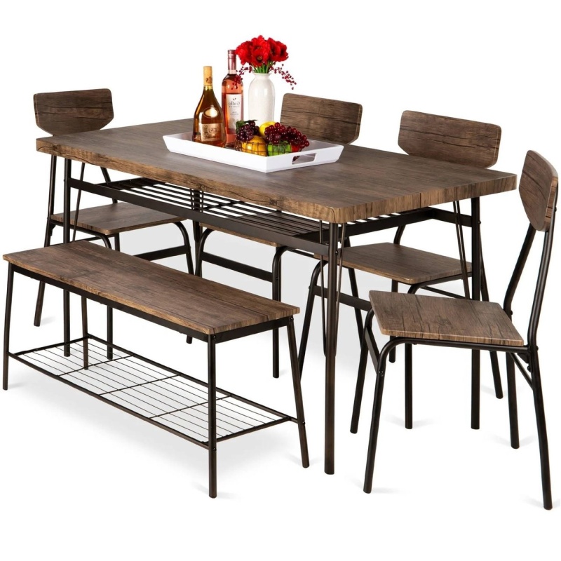 Modern 6-Piece Dining Set with Brown Wood Top, 4 Chairs, and Storage Bench