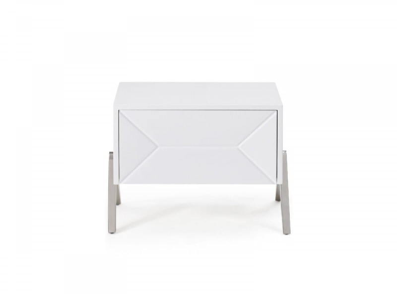 Modern Silky White Nightstand With One Drawer And Steel Legs
