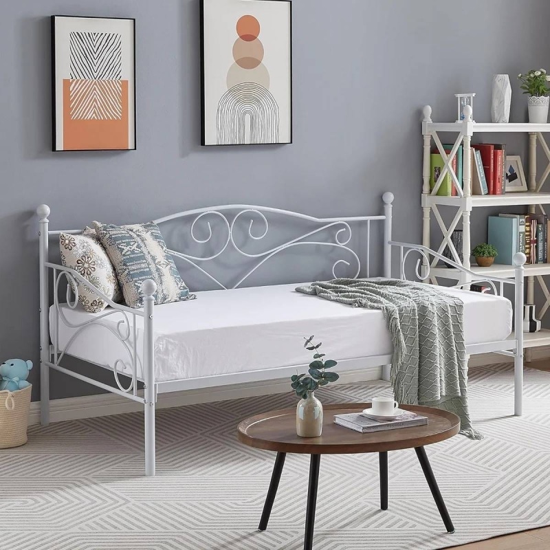 Twin Size Classic Heavy Duty Steel Day Bed Frame In White Metal Finish