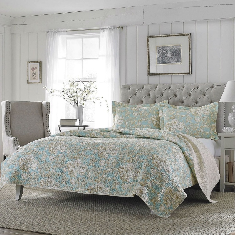Full/Queen 3-Piece Cotton Quilt Set in Seafoam Blue Beige Floral ...