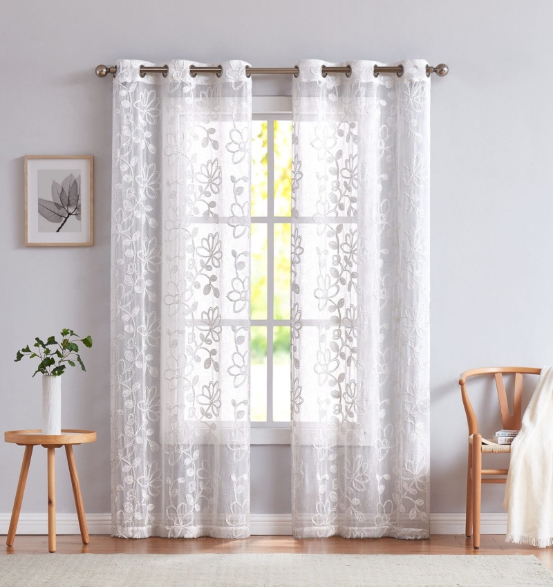 Set Of Two 96" White Floral Embroidered Window Panels
