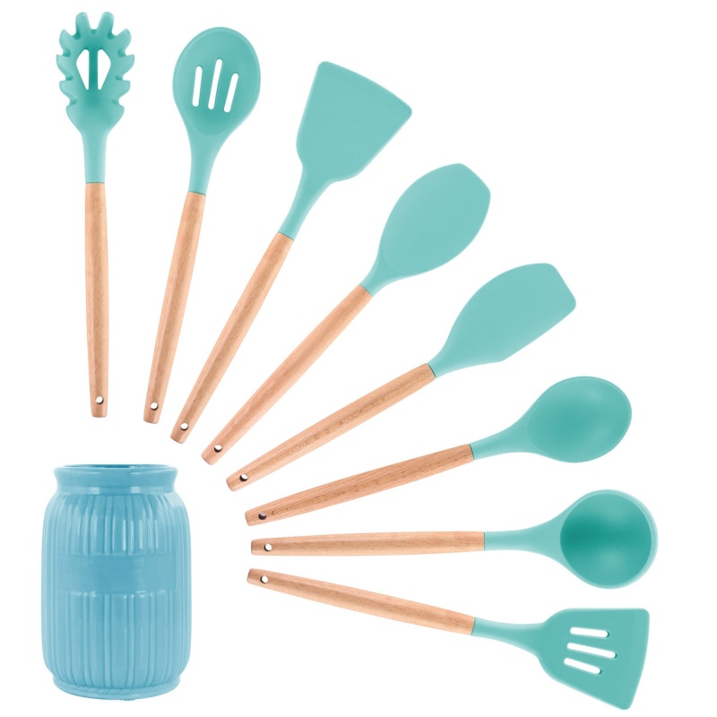 Megachef Light Teal Silicone and Wood Cooking Utensils, Set of 9