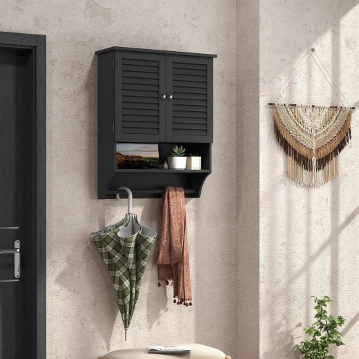 Black Wall-Mounted Bathroom Medicine Cabinet With Louver Doors And Towel Bar