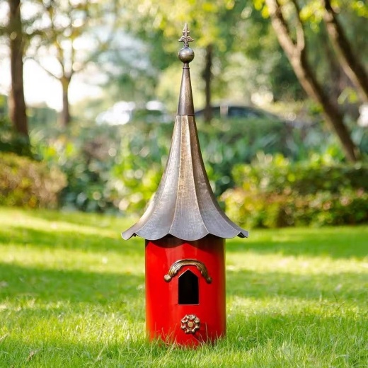 Red Metal Birdhouse With Copper Bronze Finish Gramophone Roof