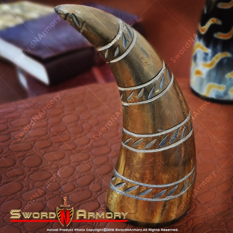 Medieval Style Home Decor Cow Horn Antique Look Engraved Leaf Scroll Paperweight
