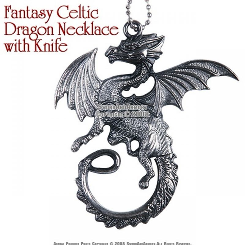 Fantasy Celtic Flying Dragon Necklace With Knife & Chain