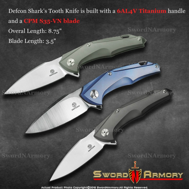 Defcon 3.5 Inch Shark's Tooth Folding Pocket Knife, Comes In 3 Different Colors Titanium Handle