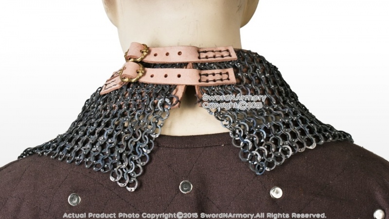 Titanium Medieval Chainmail Mantle Collar Armor W/Leather Buckle Flat Ring Rivet