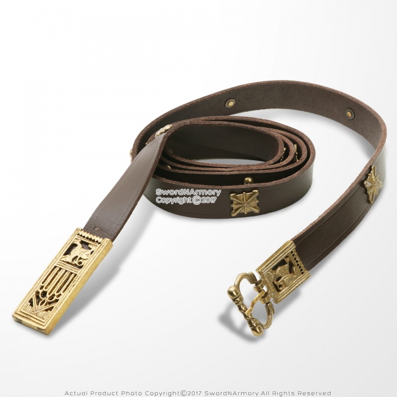 Leather Viking Belt With Gold Design Costume Reenactment Medieval