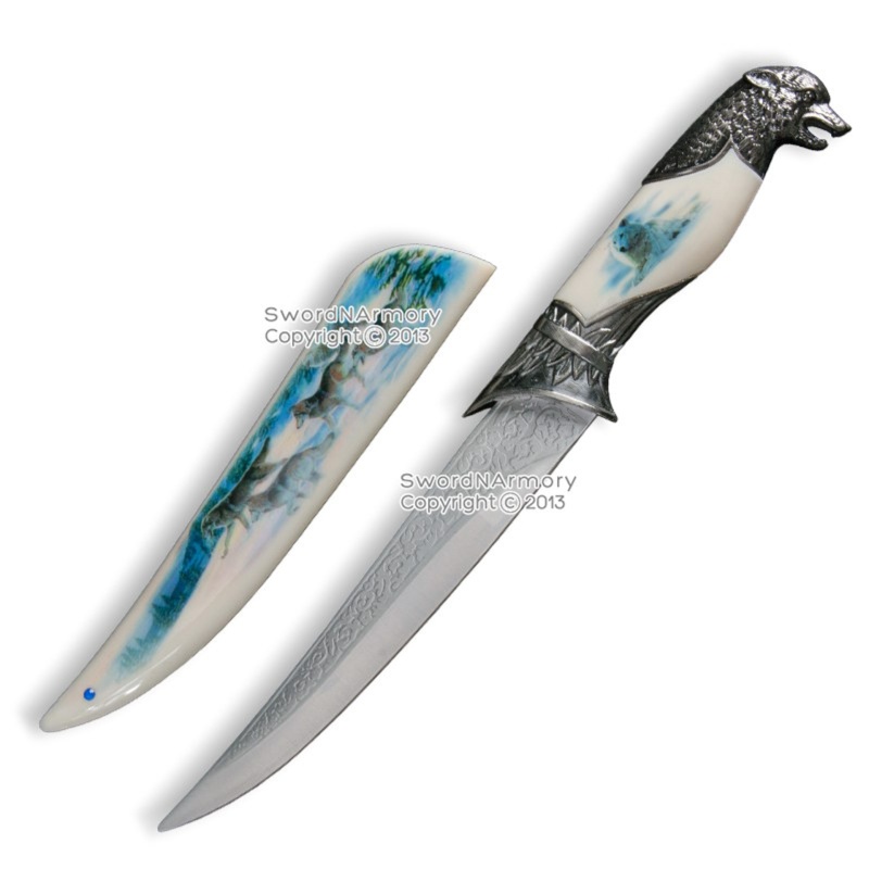 Wolf Fantasy Dagger Bowie Gift Knife W/ Colored Sheath