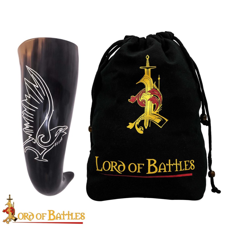 Medieval Viking Genuine Drinking Horn With Engraved Raven Design