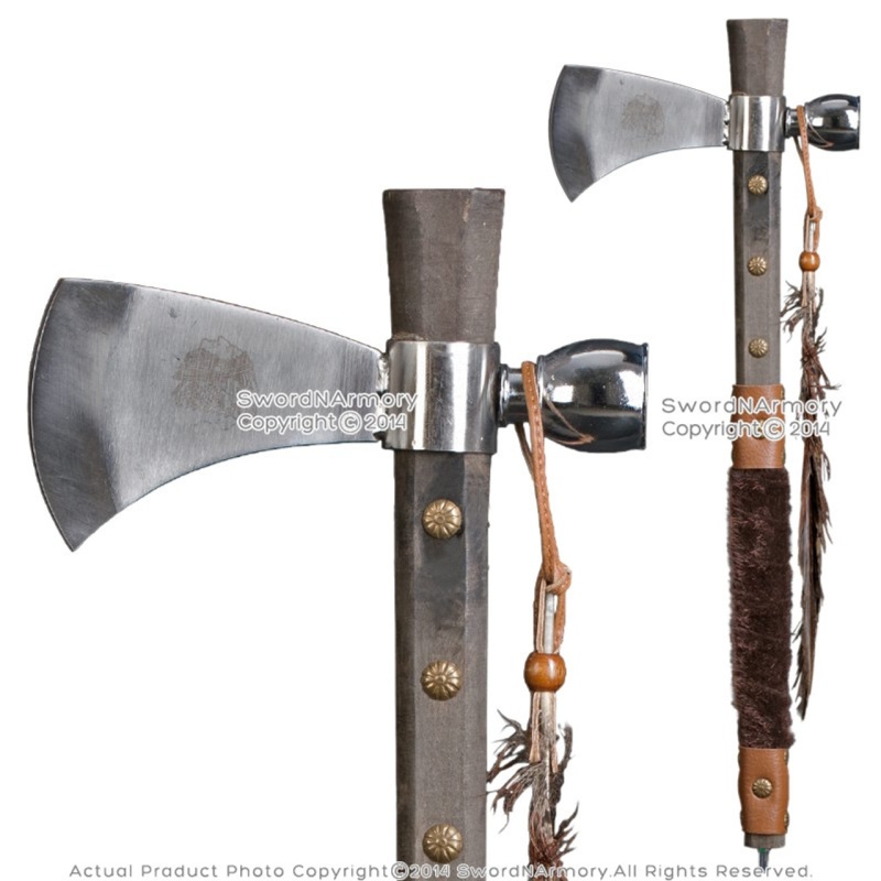 19" Indian Chief's Tomahawk Axe Hatchet With Tobacco Smoking Peace Pipe Feather
