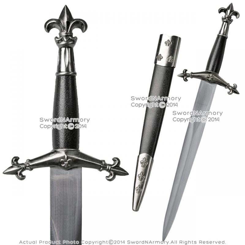 14" Medieval Black Historical Dagger Short Sword With French Fleur-De-Lis Pommel