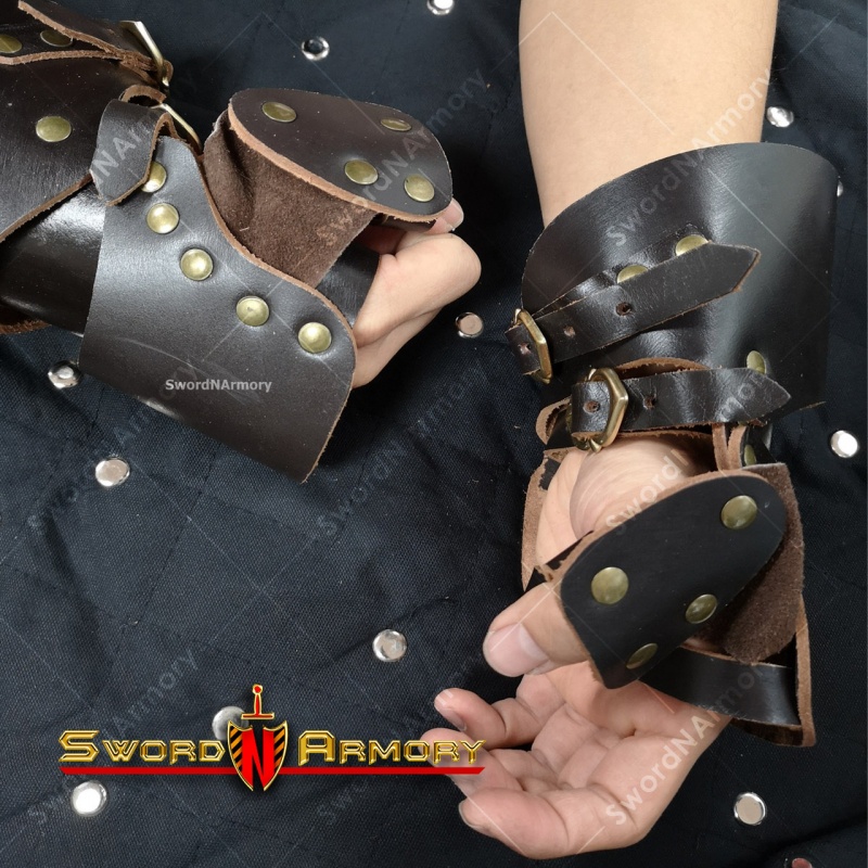 Medieval Leather Gauntlets Large Black Pair Wrist/Thumb Guard For Renaissance Faire Larp Sca*