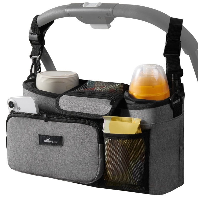Sunveno Stroller Organizer Bag With Detachable Parent Pouch, Dual Cup Holders, Adjustable Straps & Removable Shoulder Strap