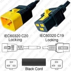 Iec320 C20 Male Plug To C19 Connector V-Lock 0.9 Meters / 3 Feet 16A/250V H05vv-F3g1.5 & 14/3 Sjt Black - Locking Power Cord