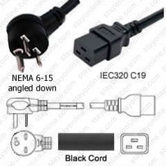 Nema 6-15 Male Plug Angled Down to IEC320 C19 Connector Power Cord - 15A/250V 14/3 SJT Black