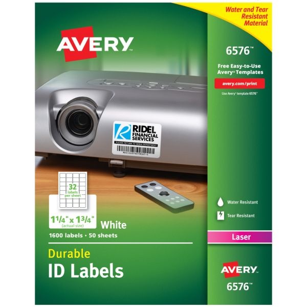 Avery Permanent Durable Id Labels With Trueblock, 6576, 1 1/4" X 1 3/4", White, Pack Of 1,600