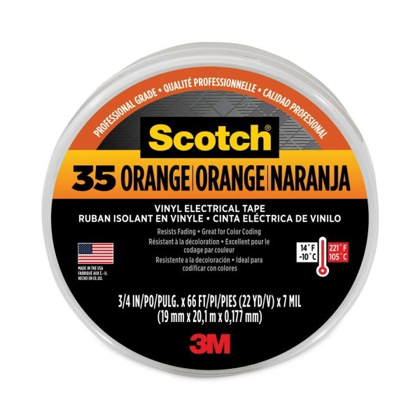 3M Scotch 35 Vinyl Electrical Color Coding Tape, 3" Core, 0.75" X 66 Ft, Orange