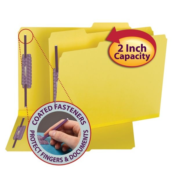 Smead Color Pressboard Fastener Folders With Safeshield Coated Fasteners, Letter Size, 1/3 Cut, Yellow, Box Of 25