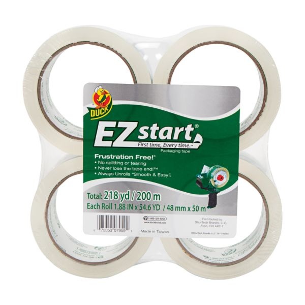 Duck Brand Ez Start Crystal Clear Packaging Tape - 54.60 Yd Length X 1.88" Width - 2.6 Mil Thickness - 3" Core - Acrylic - 4 / Pack - Crystal Clear