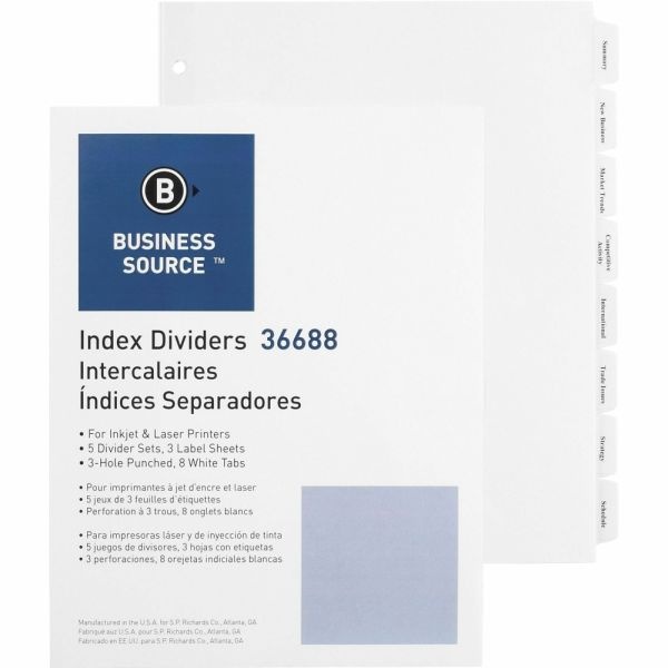 Business Source Punched Tabbed Laser Index Dividers - 8 Blank Tab(S) - 8.5" Divider Width X 11" Divider Length - Letter - 3 Hole Punched - White Paper Divider - White Tab(S) - Recycled - Mylar Reinforcement, Reinforced, Punched - 5 / Pack