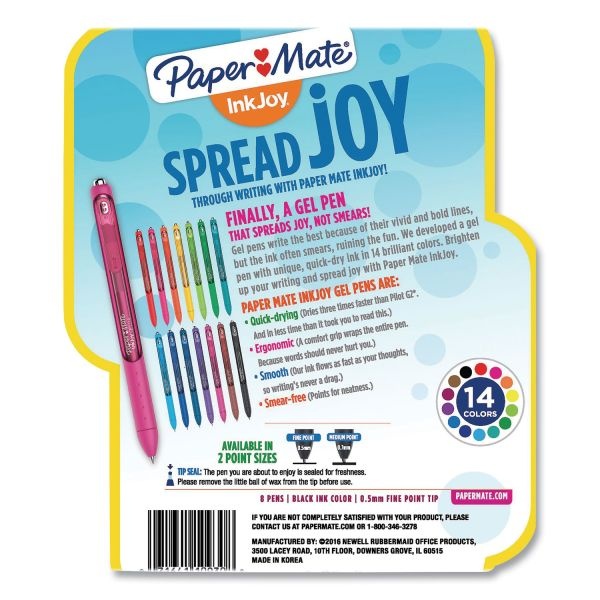 Paper Mate InkJoy Gel Pen, Retractable, Fine 0.5 mm, Black Ink, Black/Smoke  Barrel, 8/Pack