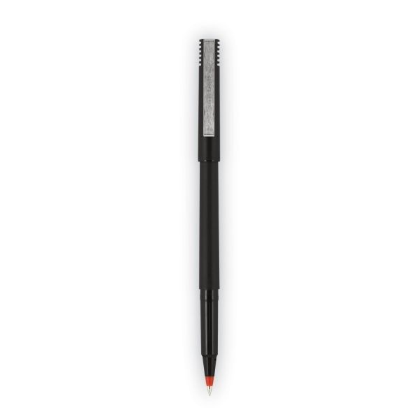 Uniball Roller Ball Pen, Stick, Fine 0.7 Mm, Red Ink, Black/Red Barrel, Dozen