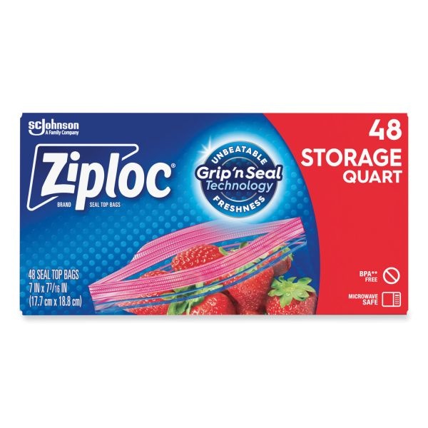 Ziploc Double Zipper Storage Bags, 1 Qt, 1.75 Mil, 9.63" X 8.5", Clear, 48/Box